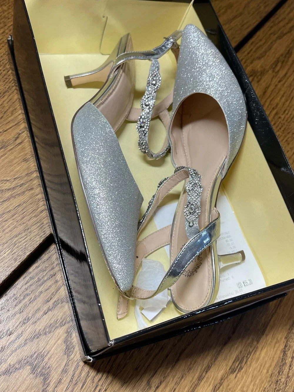 Sparkling Silver Pointed-Toe Ankle Strap Heels